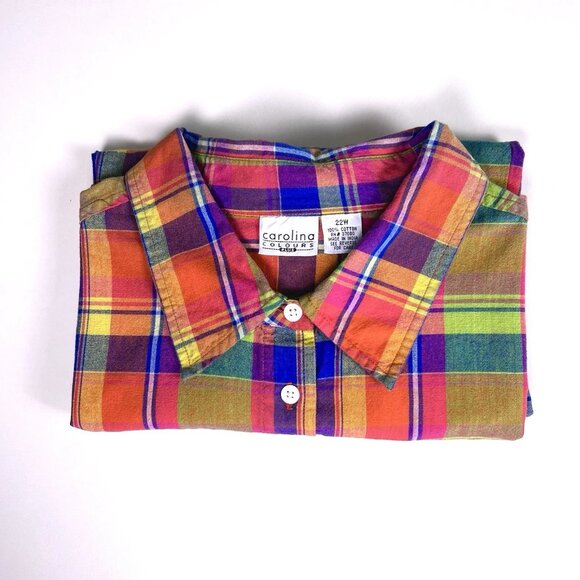 Carolina Colours Women’s 22W 3X Plaid Button Up Shirt Multi-Color Short Sleeve - Picture 13 of 15